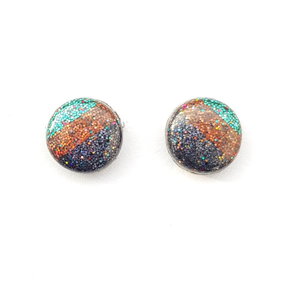Three-Toned Holographic Small Stud Earrings in Turquoise, Copper & Slate